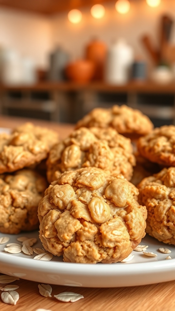 A plate of crispy peanut butter oatmeal cookies with oats scattered around, set in a warm kitchen.
